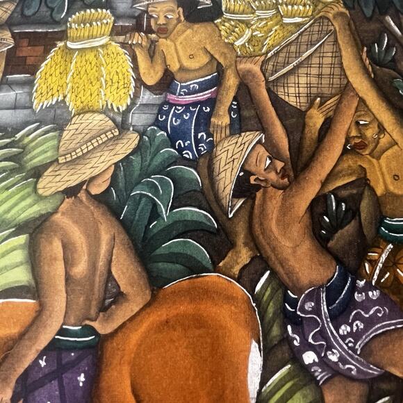 Vintage Balinese Gouache Painting I.BG Rai Bali Village Scene Rice Harvest 11x8” - Picture 8 of 15